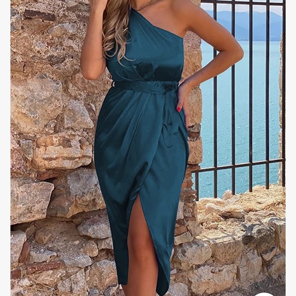 Bodycon One Shoulder Satin Teal Dress M NWT - Picture 1 of 6